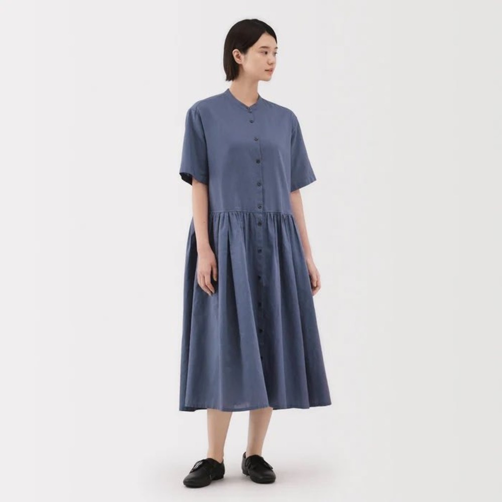 Muji Oversized Dress Women Size M Blue Hemp Cotton Button Front Midi
